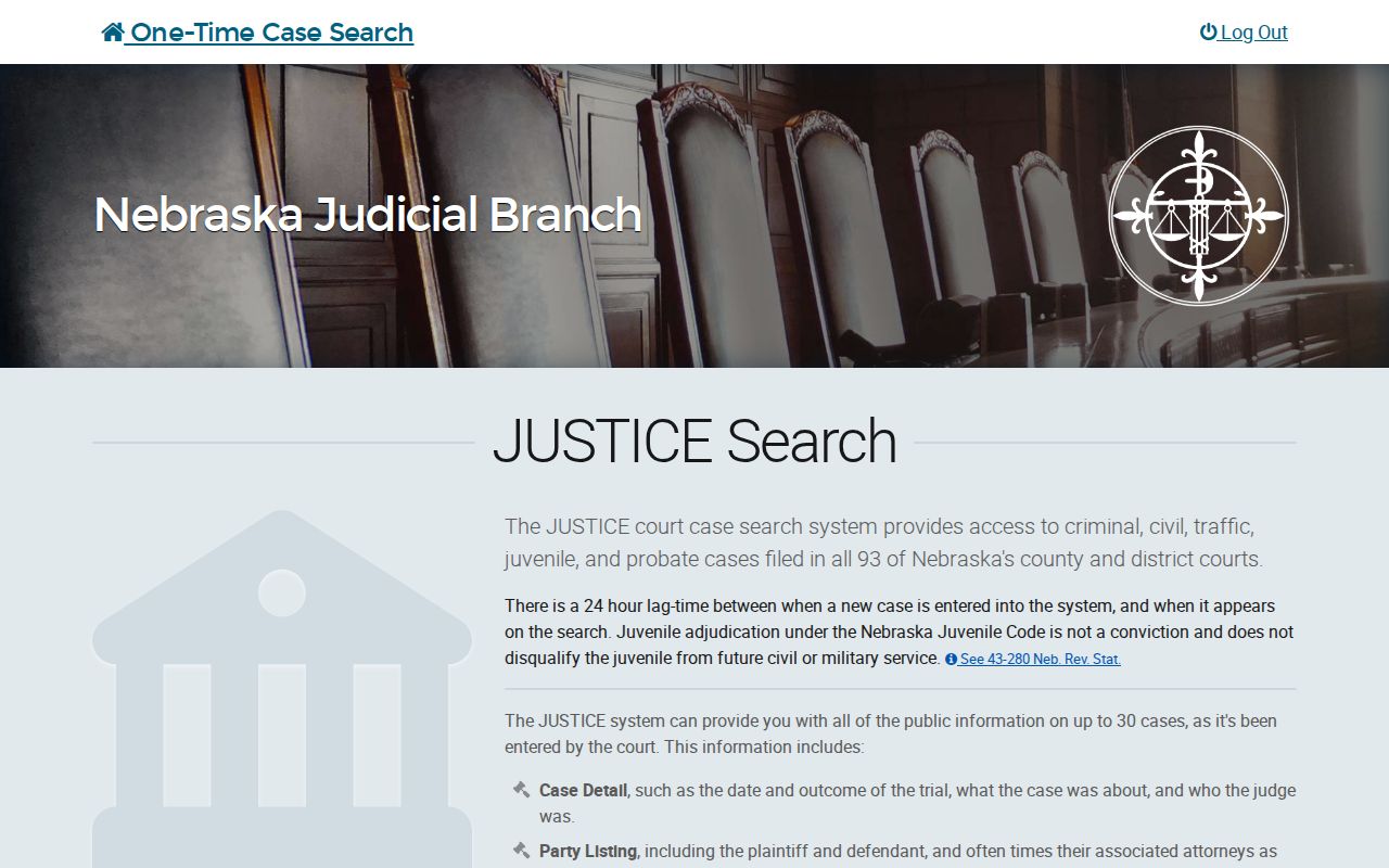 Jefferson County docket search Nebraska JUSTICE one-time search page