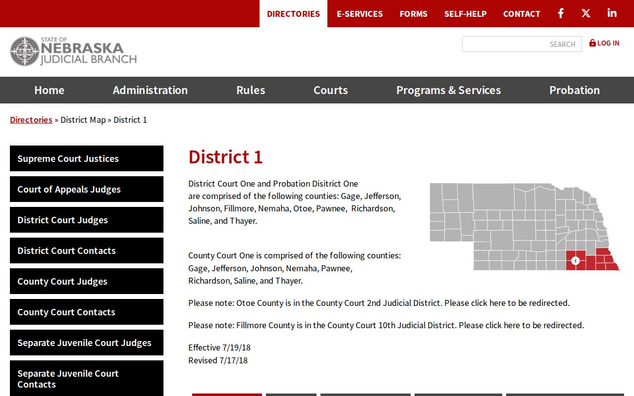 Jefferson County court schedule Nebraska Judicial District 1 map and judges