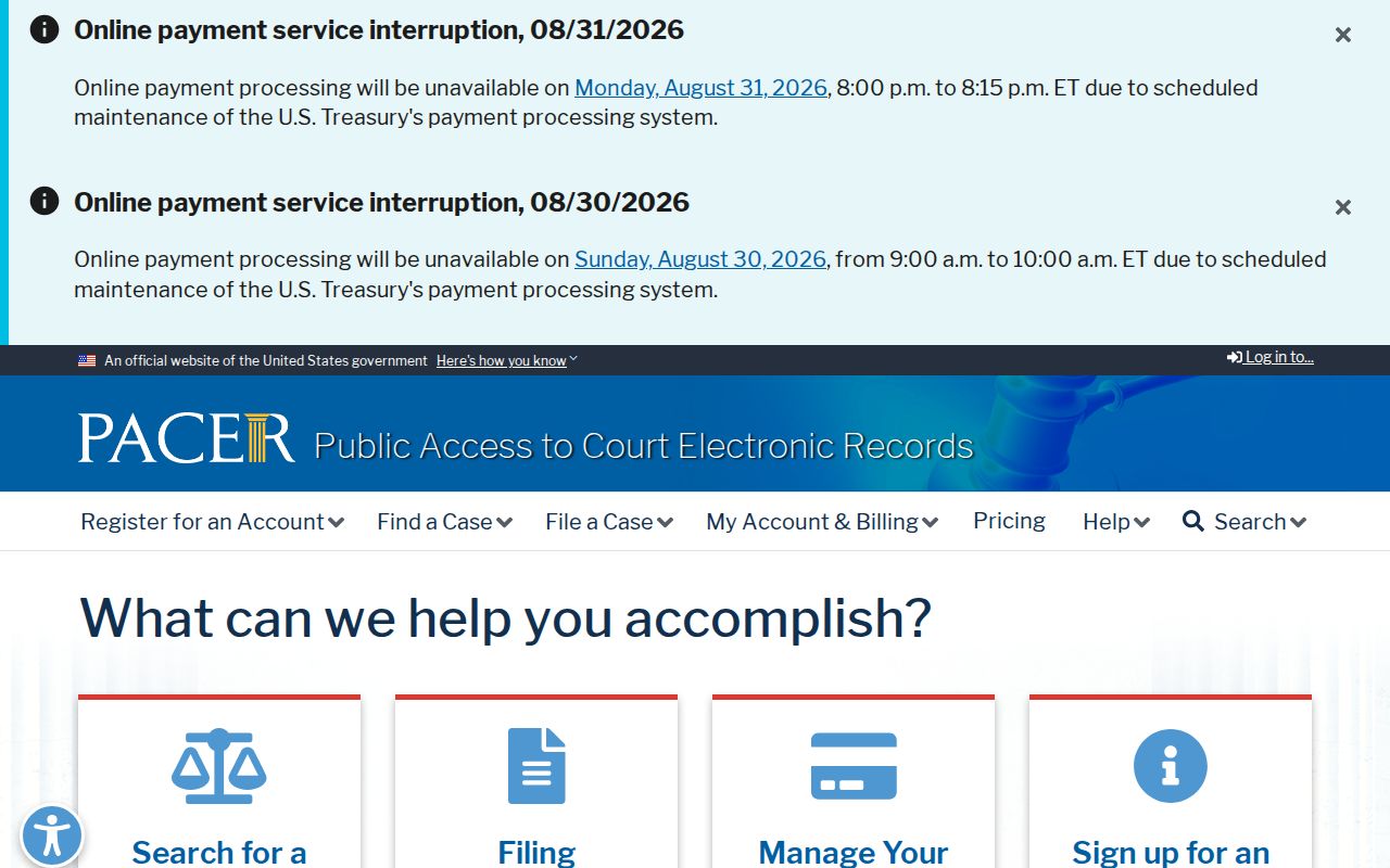 Daykin court records source image of the PACER federal case search service