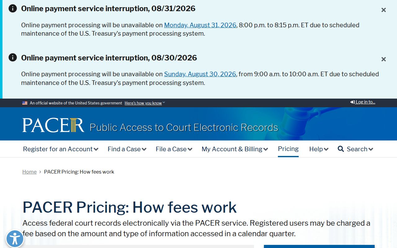 Endicott court records source image of PACER federal pricing information